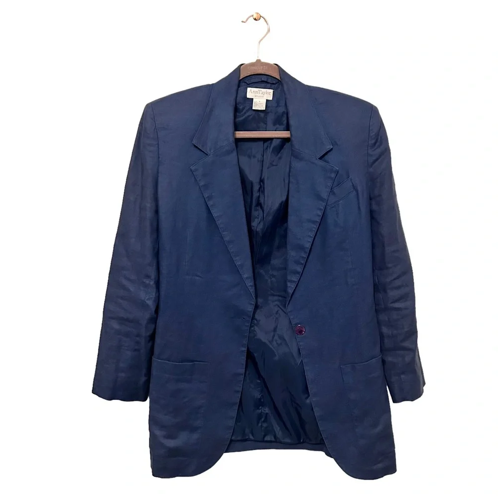 Vintage Ann Taylor Studio Blue 100% Linen Single Button Blazer Jacket - Picture 2 of 4